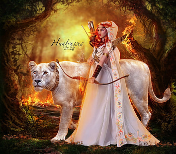 Huntress, golden, fantasy, estherpucheart, girl, luminos, lion, lioness HD wallpaper