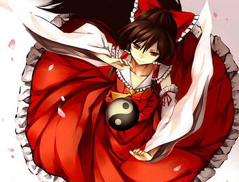 Yin Yang, sea, Touhou, Anime, Original, Cute, Red Dress, Girl, lordofk, Long Hair, Brown Eyes, Hakurei Reimu, Brown Hair, Sakura Petals HD wallpaper
