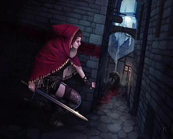 Hunting The Wolf, sword, city, red hood, werewolf, blood HD wallpaper