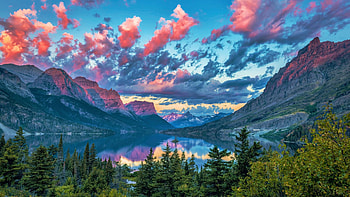 Wild Goose Island, Saint Mary Lake, Montana, sky, National, USA, Park, Glacier, colors, landscape, trees, clouds, sunset HD wallpaper