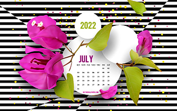 2022 July Calendar, , background with flowers, creative art, July, 2022 summer calendars, black and white striped background, July 2022 Calendar, purple flowers HD wallpaper