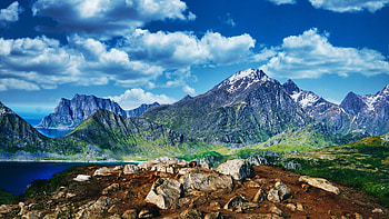 Mountain Hiking in Lofoten, Norway, scandinavia, clouds, sky, islands, rocks HD wallpaper