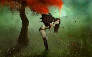 Meadow Vamp, mist, painting, fantasy, nature, girl, vampire, woman HD wallpaper