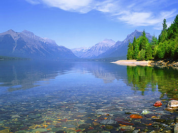 Clear mountain lake, blue, mirror, landscape, stones, mountain, lake, day, reflection, bright, trees, nature, water, clear HD wallpaper