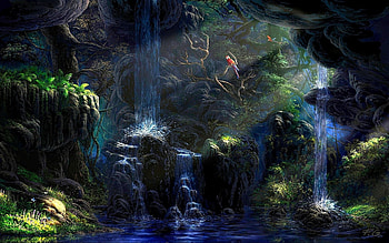 Nature, Art, Parrots, Night, Rocks, Waterfall, Vegetation HD wallpaper