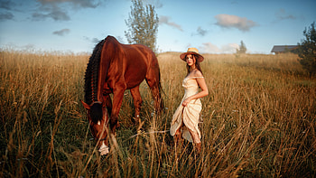 Girl With Horse Field , girls, model, horse, field HD wallpaper