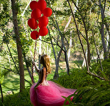 red balls, green, red, nature, balls, dress, forest, woman, tree HD wallpaper