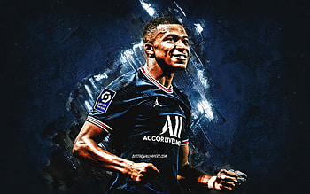 Kylian Mbappe, Paris Saint-Germain, French footballer, Kylian Mbappe art, blue stone background, PSG, Mbappe Paris Saint-Germain, football HD wallpaper