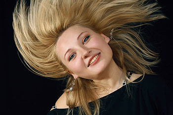 Blonde in black, black, blonde, smile, femininity, beauty, woman, black dress, background, eyes blue, hair, joy HD wallpaper