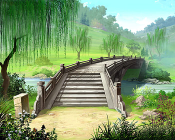 Mystical, stonepost, steps, trees, bridge, sky, hill, stream HD wallpaper