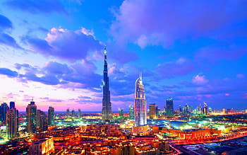 colorful dubai at sunset r, skyscrapers, city, clouds, colors, r, sunset HD wallpaper