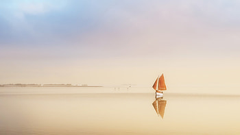 Sunrise in morning mist, Sail, Boat, Sea, Shore HD wallpaper