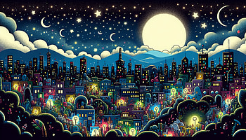 Enchanting Midnight Cityscape, night view, cityscape, nighttime, moon, Stars HD wallpaper