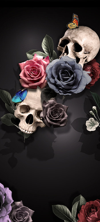 Skull Flowers, magenta, pink, dark HD phone wallpaper