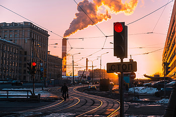 Morning City Traffic Lights Smoke Train Industry Chimney, traffic-lights, city, graphy, smoke, building, architecture, urban, sunset, sunrise HD wallpaper