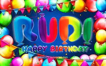 Happy Birtay Rudi, , colorful balloon frame, Rudi name, blue background, Rudi Happy Birtay, Rudi Birtay, popular german male names, Birtay concept, Rudi HD wallpaper
