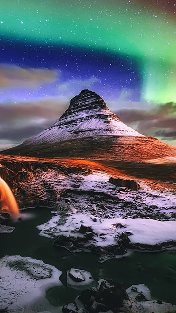 mountain, light, Iceland, winter, nature, aurora borealis HD phone wallpaper