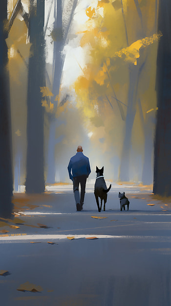 Autumn Stroll with Dog, Autumn, dog, man, park HD phone wallpaper