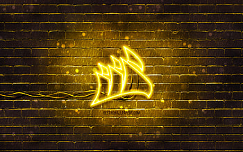 Corsair yellow logo, , yellow brickwall, Corsair logo, brands, Corsair neon logo, Corsair HD wallpaper