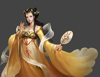 Princess, yellow, bloody wings, hand fan, fantasy, evantai, girl HD wallpaper
