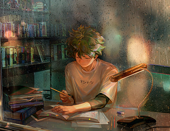 Homework, green hair, anime boy, art, Izuku Midoriya HD wallpaper