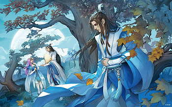 The spy, blue, spy, asian, situation, man, fall, girl, tree, fantasy, couple, autumn, leaf, toamna HD wallpaper