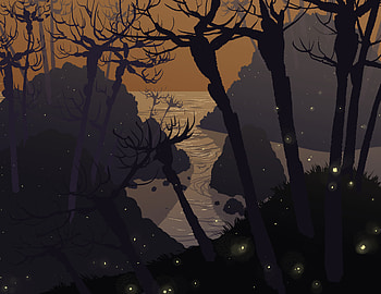 Trees, Art, Sea, Vector, Rocks HD wallpaper