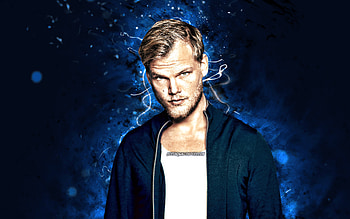 Avicii, , blue neon lights, music stars, swedish DJs, Tim Bergling, superstars, creative, Avicii HD wallpaper