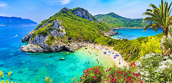 Corfu island, Greece, island, sea, crystal, bay, paradise, beautiful, beach, mountain, panorama, tourism, vacation, summer, rest, view, flowers, water HD wallpaper