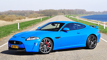 Preview blue, jaguar, road, grass, lake, trees HD wallpaper