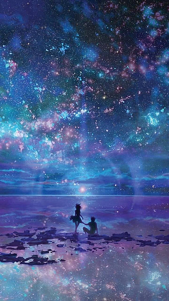 Celestial Blue: Anime Couple Under the Starry Ocean Sky, blue, star, ocean, couple, sky, fantasy, Anime, Original, blue anime, anime couple, Sky Anime, fantasy anime HD phone wallpaper