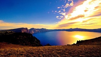 Sunset at Crater Lake, Oregon, colors, clouds, landscape, sky, water, rocks, usa, reflections HD wallpaper