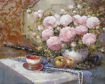 delicately, table, flute, apples, beads, flowers vase, cup, saucer HD wallpaper
