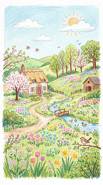 Pastel Spring Cottage | Pastel Meadow | Springtime Cottage Walk | Blooming Pastel , Stream, Wildflower, Bridge HD phone wallpaper