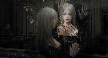 Spirit, blonde, fantasy, girl, dark, alayne, mirror, black, art, halloween, luminos HD wallpaper