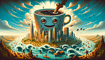 A Crazy Cup of Coffee Taking Over The World, coffee, cityscape, surrealism, ocean, landscape HD wallpaper