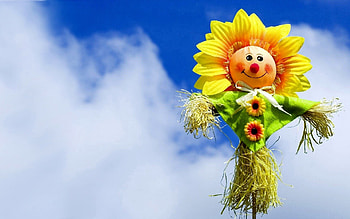 Flower In The Sky, sunflowers, straw doll, clouds, sky, nature, flowers HD wallpaper