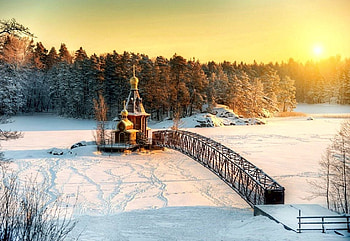 Winter Sunset, winter, snow, trees, bridge, sun, forest HD wallpaper