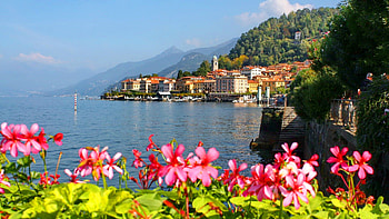 Lake Como, Italy, houses, village, hills, landscape, flowers, sky HD wallpaper