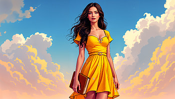 Radiant Elegance: A Yellow Dress Ultra, yellow dress, fashion, summer, girl, cloud HD wallpaper