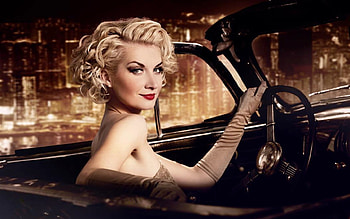 Elegant Lady in Her Car, lady, blonde, car, eyes, graph, vintage, woman HD wallpaper