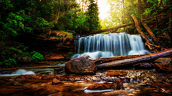 Wagner Falls in Michigan's upper peninsula, river, trees, cascade, rocks, forest, stones, usa HD wallpaper