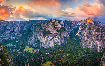 Glacier Point, , sunset, mountain landscape, summer, valley, Yosemite National Park, american landmarks, fog, beautiful nature, Sierra Nevada, USA, America HD wallpaper