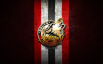 Rouyn-Noranda Huskies, golden logo, QMJHL, red metal background, canadian hockey team, Rouyn-Noranda Huskies logo, hockey HD wallpaper