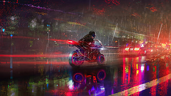 Biker In Rain , biker, rain, reflection, artist, artwork, digital-art, artstation HD wallpaper