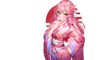 Kimono Pink Hair Anime Girl White Background Anime Girl HD wallpaper