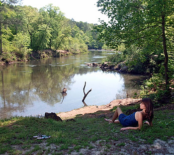 Down by the River, river, summer, relax, girl HD wallpaper
