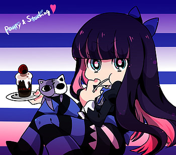 Chibi Stocking, chibi, garterbelt, purple hair, stocking, cake, bow, multicolor HD wallpaper