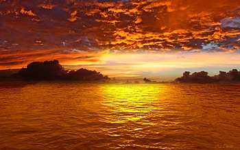 Amazing Sunset, clouds, sky, mountains, water, sun, ocean HD wallpaper