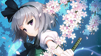 Preview touhou, konpaku youmu, girl, cherry, katana HD wallpaper